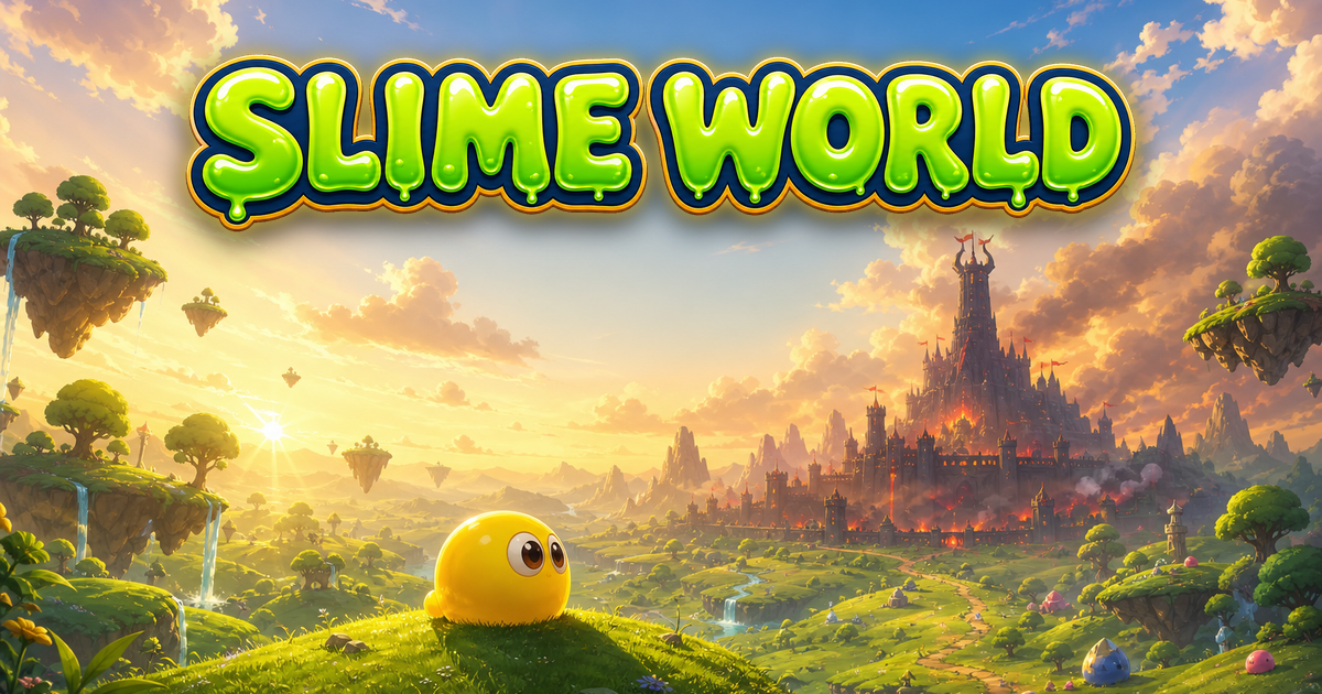 SLIME WORLD logo over fantasy slime world key art with Gelime